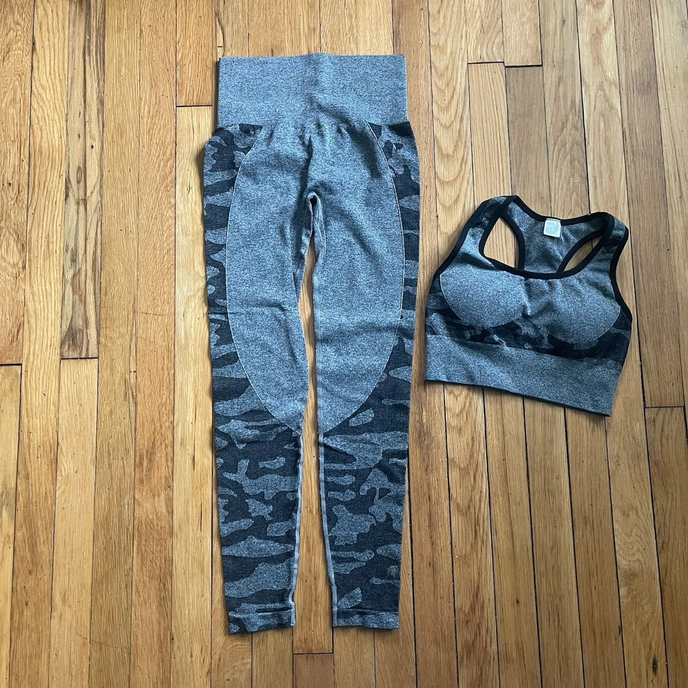 Womens Activewear Set Gray Black Camo Leggings Sports Bra Stretch High Waist - Picture 2 of 7